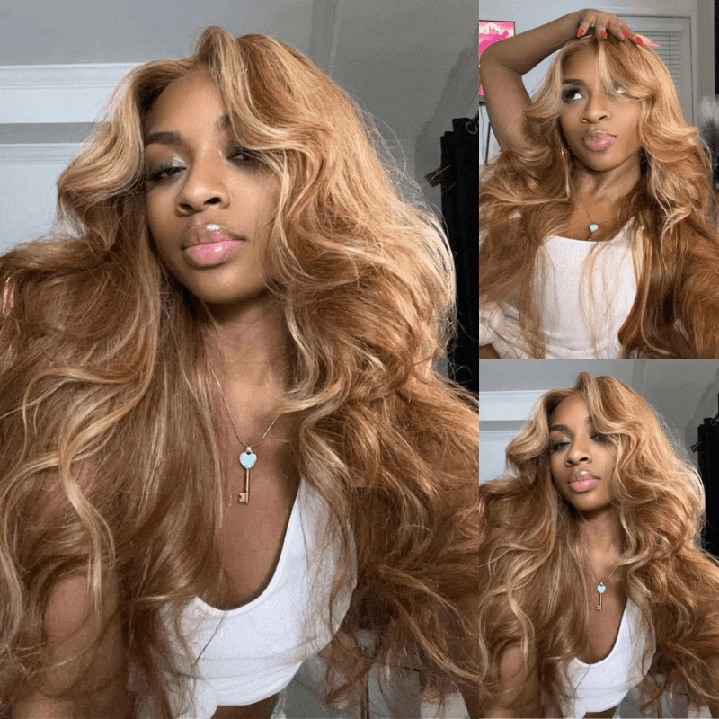 Geeta Body Wave Honey Blonde Highlight 13x4 HD Transparent Lace Front Wig 100% Virgin Human Hair Wig