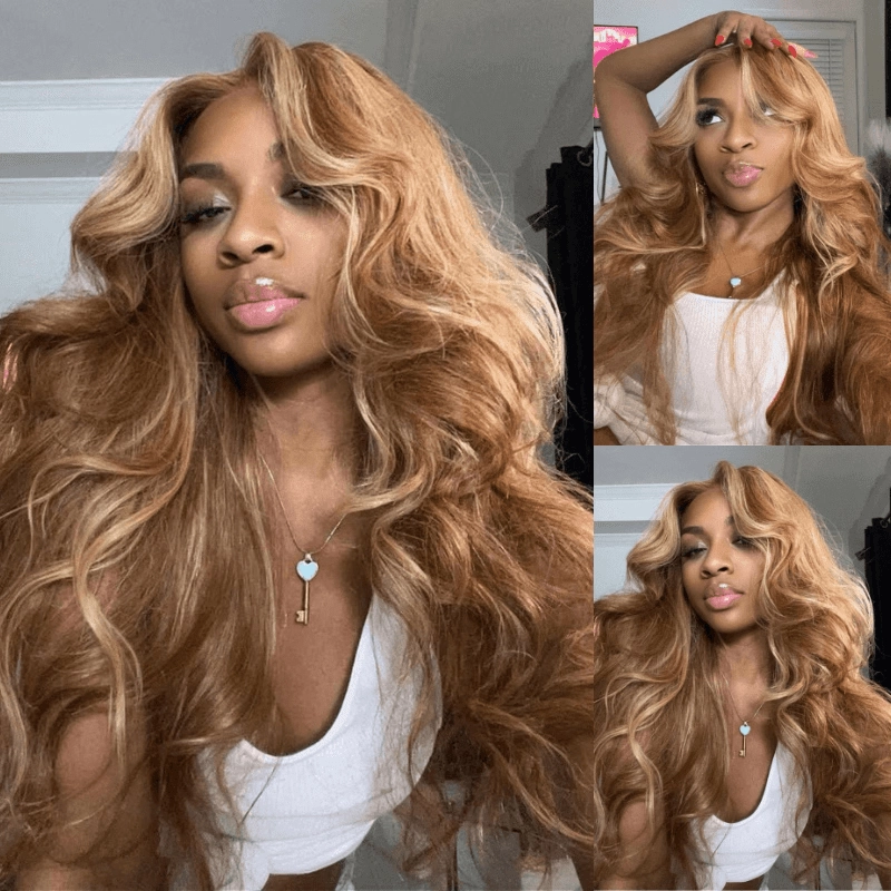 Geeta Body Wave Honey Blonde Highlight 13x4 HD Transparent Lace Front Wig 100% Virgin Human Hair Wig