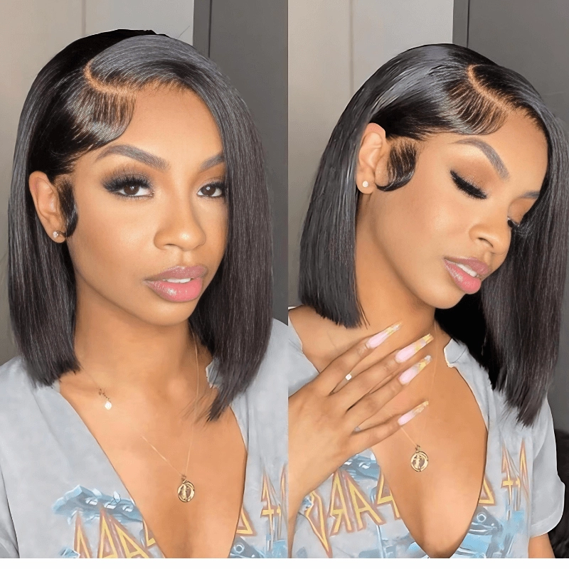 Geeta Brown Highlight Side Part Short Bob Wig Glueless Straight Lace Front Human Hair Wigs Pre Plucked