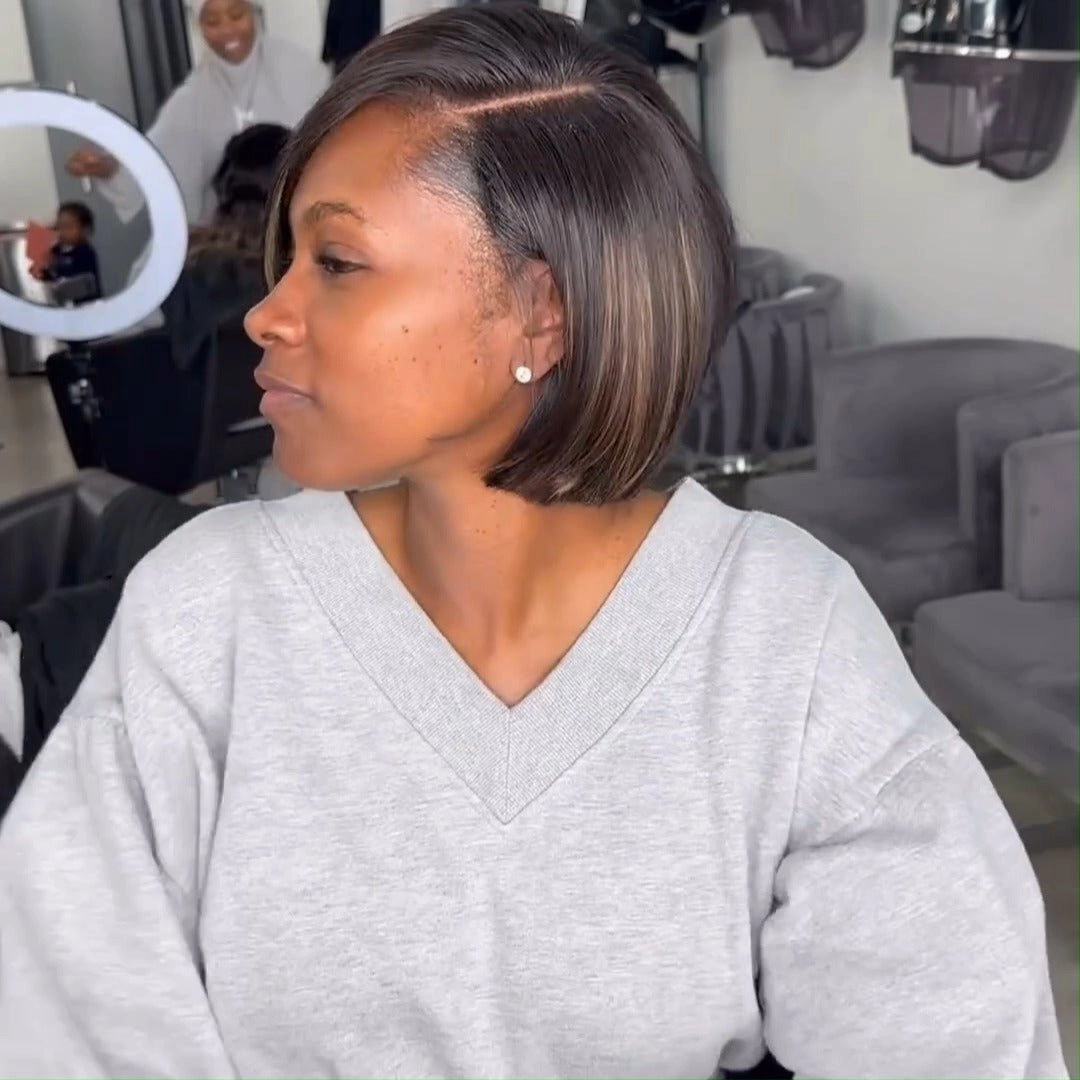 Geeta Brown Highlight Side Part Short Bob Wig Glueless Straight Lace Front Human Hair Wigs Pre Plucked