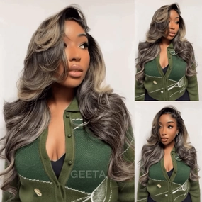 Geeta Brown Mixed Golden Color Long Wavy Human Hair Wigs Ombre Brown Balayage Highlight Lace Front Wigs