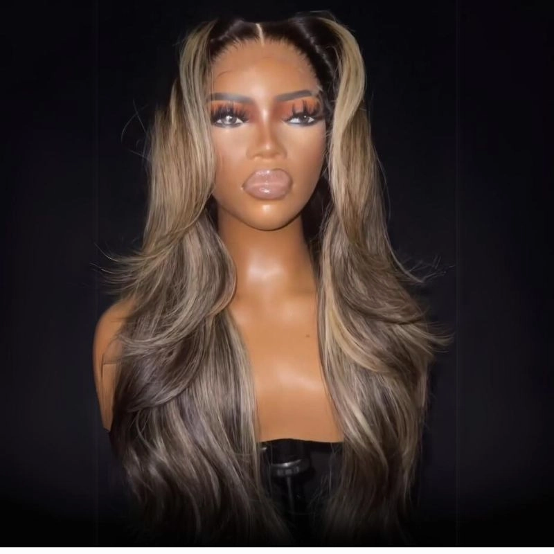 Geeta Brown Mixed Golden Color Long Wavy Human Hair Wigs Ombre Brown Balayage Highlight Lace Front Wigs