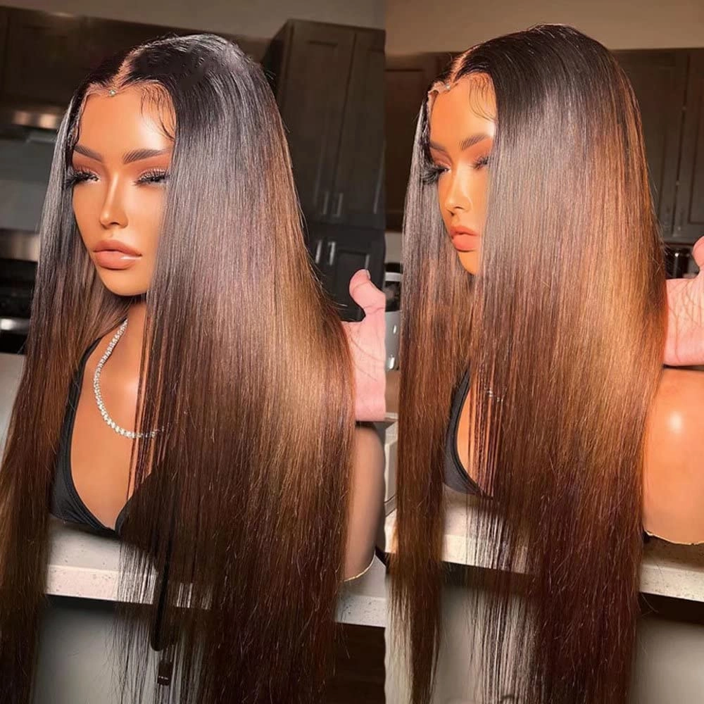 Geeta Brown Straight Glueless Wigs T1B/2/4 Ombre 13X4 Lace Front Wig Human Hair Pre Plucked