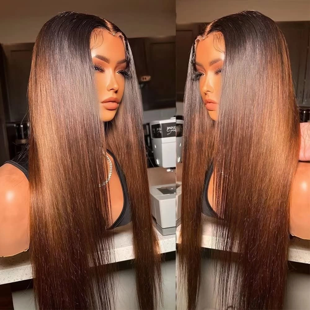 Geeta Brown Straight Glueless Wigs T1B/2/4 Ombre 13X4 Lace Front Wig Human Hair Pre Plucked