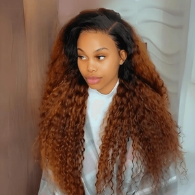 Geeta Caramel Brown Wand Curly 13x4 Lace Front Wig With Dark Root Wig Ombre Color HD Lace Human Hair Wigs