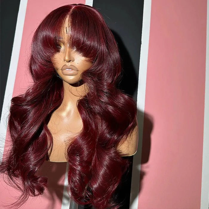 Geeta Curtain Bangs Glueless Wigs 99J  Burgundy Body Wave Human Hair Wig Wear Go HD Lace Wig