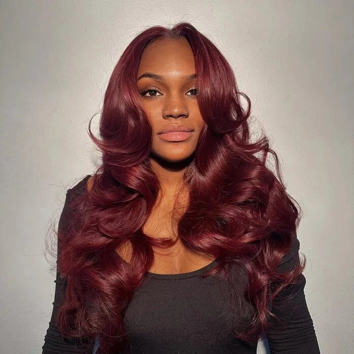 Geeta Curtain Bangs Glueless Wigs 99J  Burgundy Body Wave Human Hair Wig Wear Go HD Lace Wig
