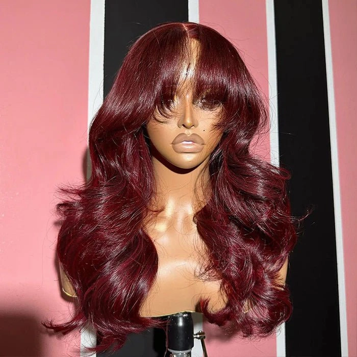Geeta Curtain Bangs Glueless Wigs 99J  Burgundy Body Wave Human Hair Wig Wear Go HD Lace Wig