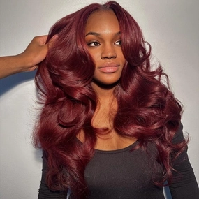 Geeta Curtain Bangs Glueless Wigs 99J  Burgundy Body Wave Human Hair Wig Wear Go HD Lace Wig