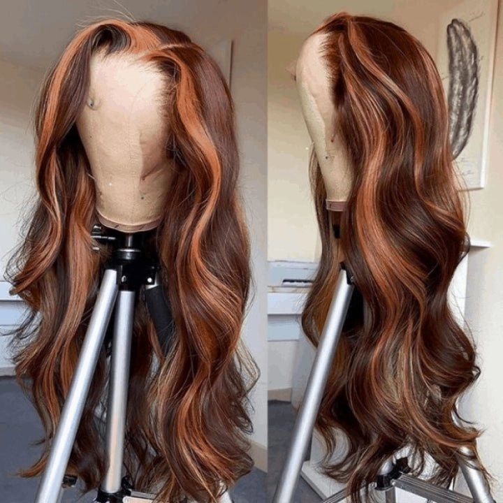 Geeta Dark Brown Highlight Body Wave HD Lace Front Wig Copper Color Face Frame Highlights Human Hair Wigs