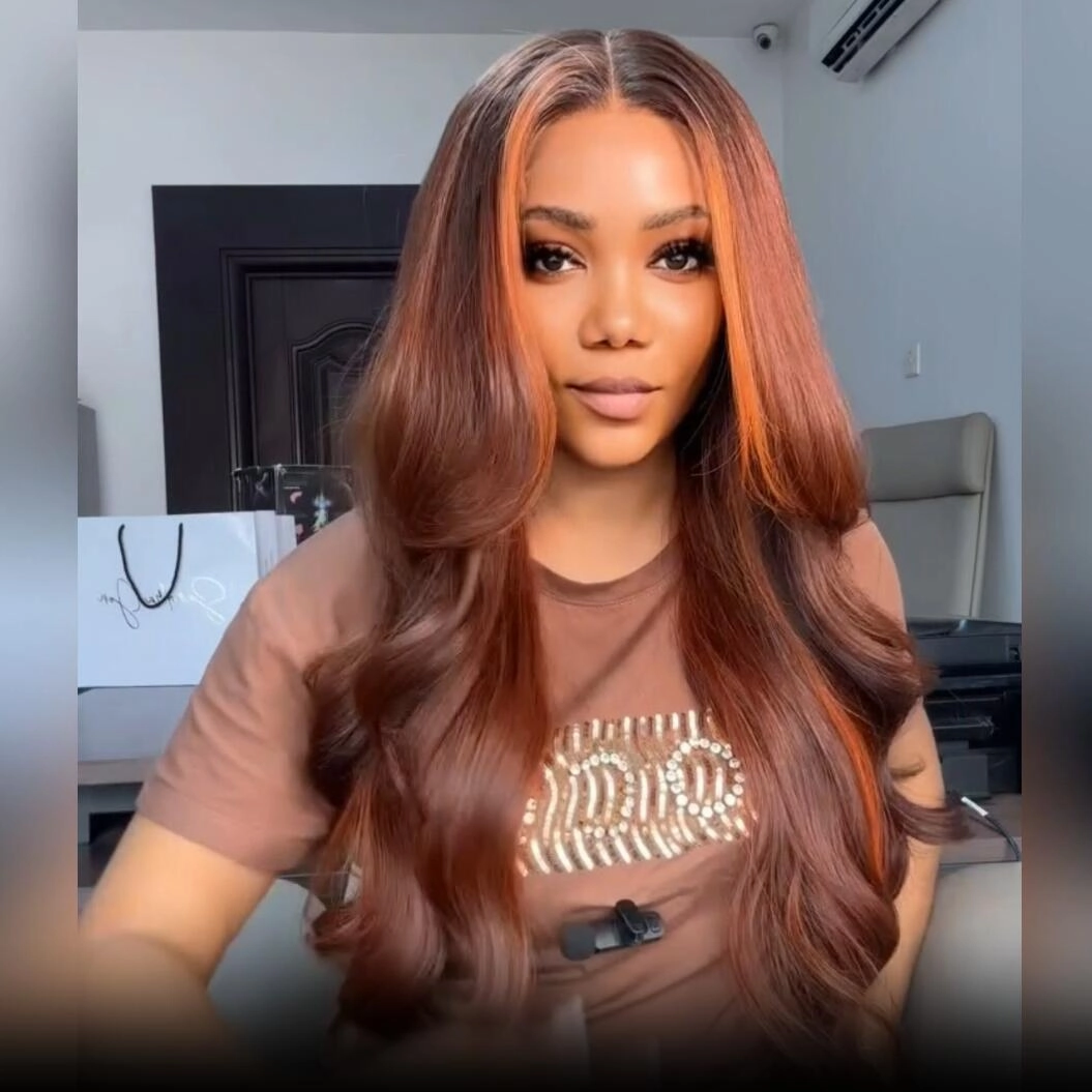Geeta Dark Brown Highlight Body Wave HD Lace Front Wig Copper Color Face Frame Highlights Human Hair Wigs