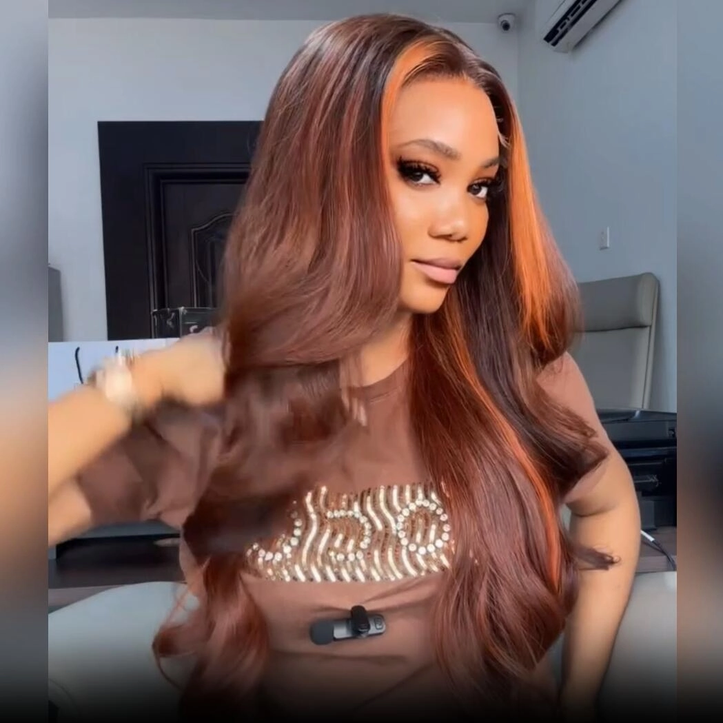 Geeta Dark Brown Highlight Body Wave HD Lace Front Wig Copper Color Face Frame Highlights Human Hair Wigs