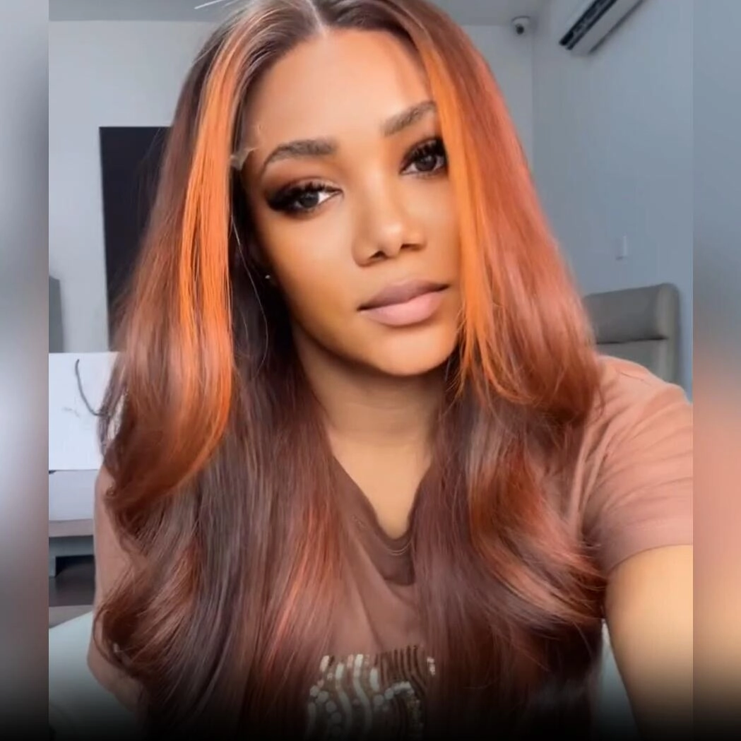 Geeta Dark Brown Highlight Body Wave HD Lace Front Wig Copper Color Face Frame Highlights Human Hair Wigs