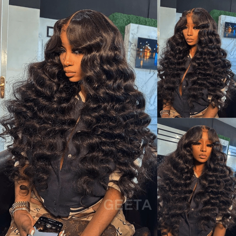 Geeta Fluffy Loose Wave Curtain Bangs Wig 13x4 Lace Front Wigs With Bangs 250% Density