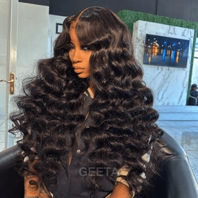 Geeta Fluffy Loose Wave Curtain Bangs Wig 13x4 Lace Front Wigs With Bangs 250% Density