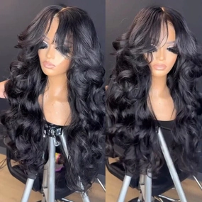 Geeta Full 250% Density Loose Body Wave Human Hair Wigs 13x4 Ocean Wave Lace Front Wigs with Curtain Bangs
