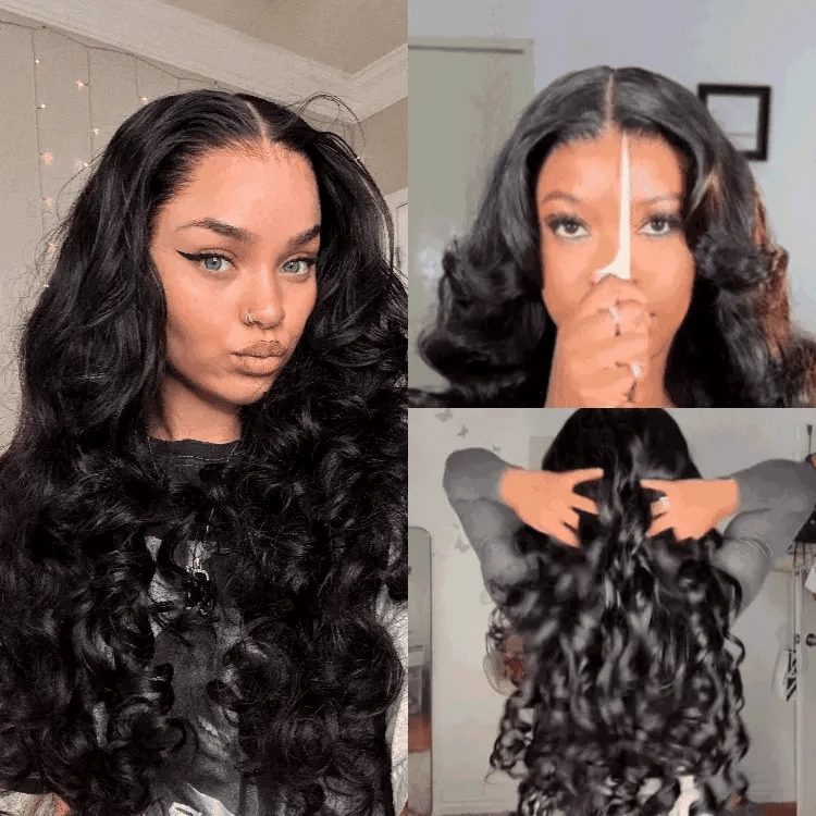 Geeta Full 250% Density Loose Body Wave Human Hair Wigs 13x4 Ocean Wave Lace Front Wigs with Curtain Bangs