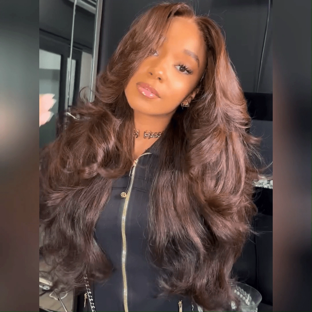 Geeta Full 300% Density Chocolate Brown Human Hair Glueless Lace Closure/Front Colored Loose Wave Wig