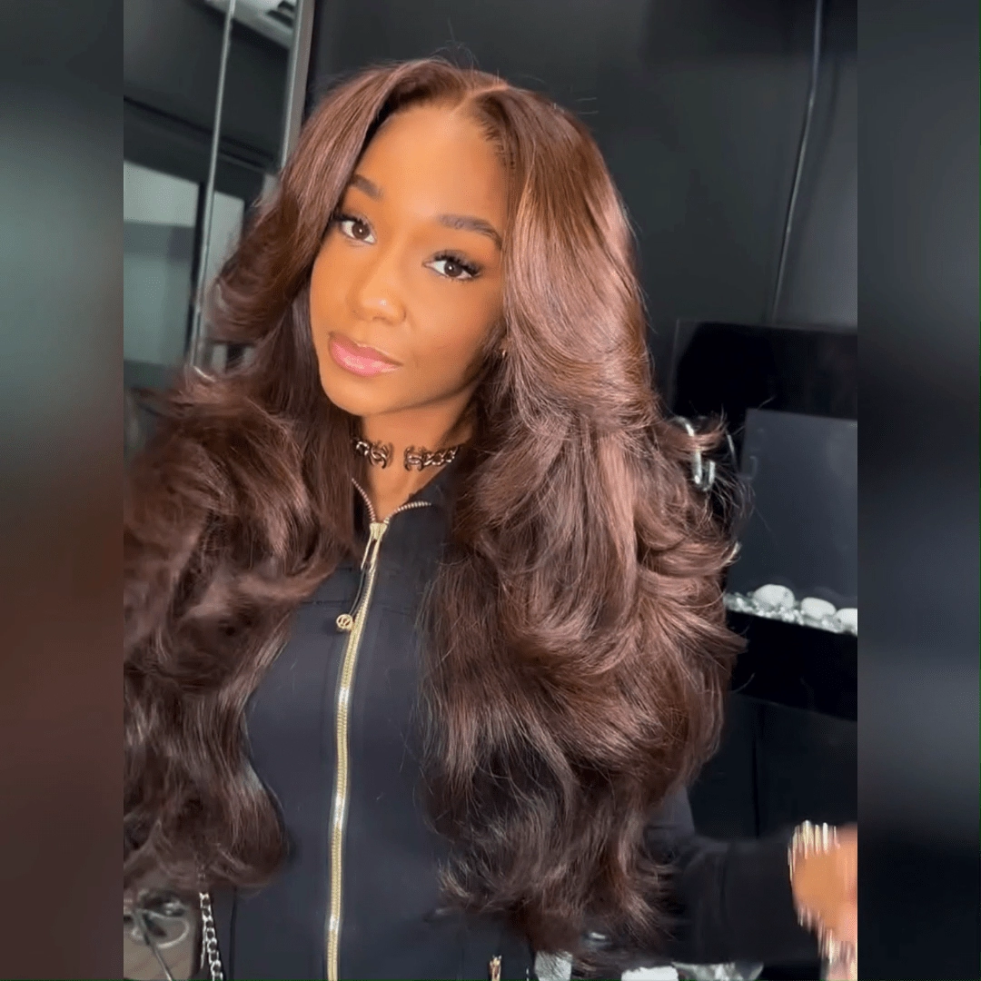 Geeta Full 300% Density Chocolate Brown Human Hair Glueless Lace Closure/Front Colored Loose Wave Wig