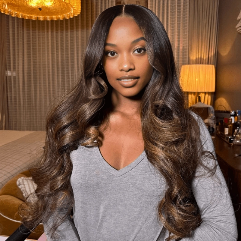Geeta Full 300% Density Dark Brown With Highlights Loose Body Wave Wig Glueless Wigs Human Hair Pre Plucked