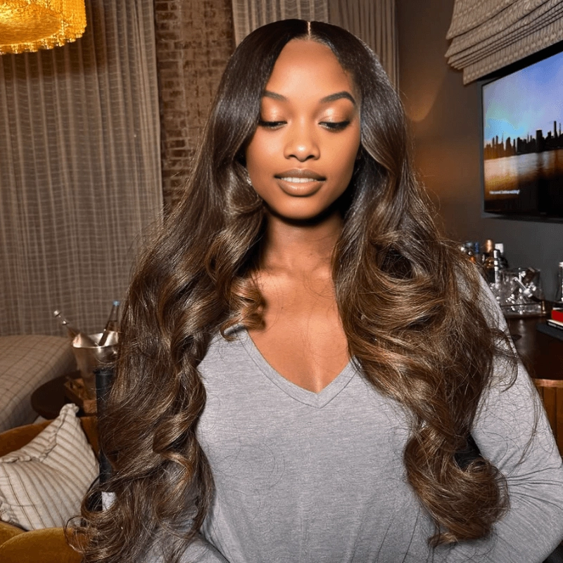 Geeta Full 300% Density Dark Brown With Highlights Loose Body Wave Wig Glueless Wigs Human Hair Pre Plucked