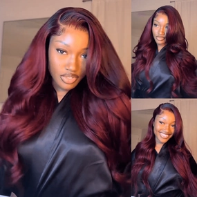 Geeta Hair 99J Burgundy Glueless Wigs 3D Body Wave 13x4 Red Colored Lace Front Wigs Pre Plecked