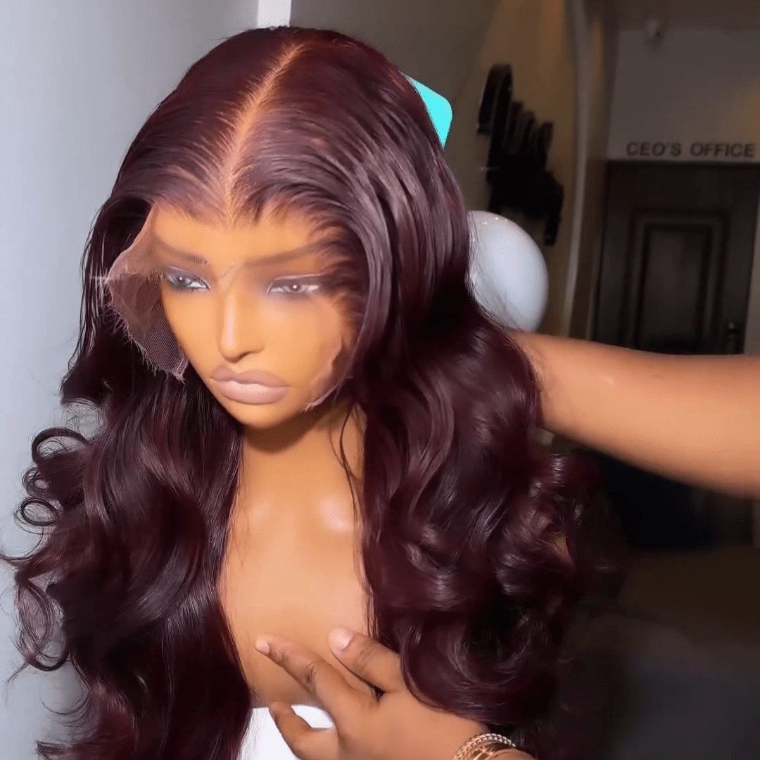 Geeta Hair 99J Burgundy Glueless Wigs 3D Body Wave 13x4 Red Colored Lace Front Wigs Pre Plecked