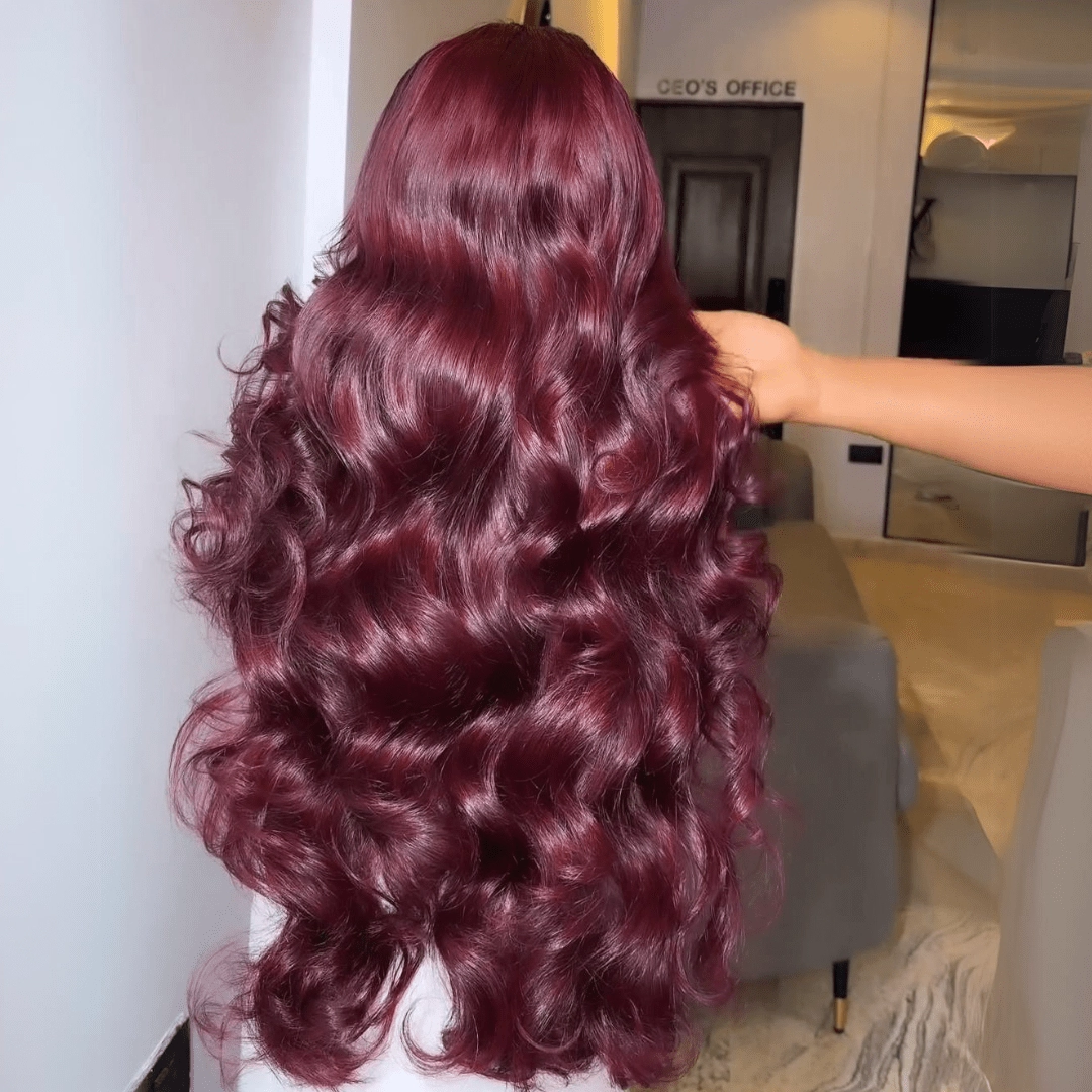 Geeta Hair 99J Burgundy Glueless Wigs 3D Body Wave 13x4 Red Colored Lace Front Wigs Pre Plecked
