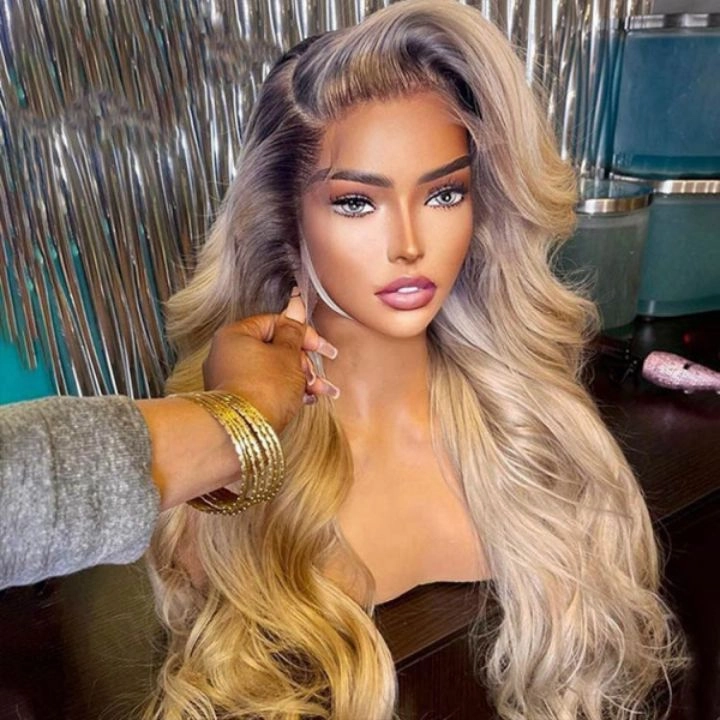 Geeta Highlight Ash Blonde Body Wave Lace Front Wig #613 Color Human Hair Wigs With Dark Roots