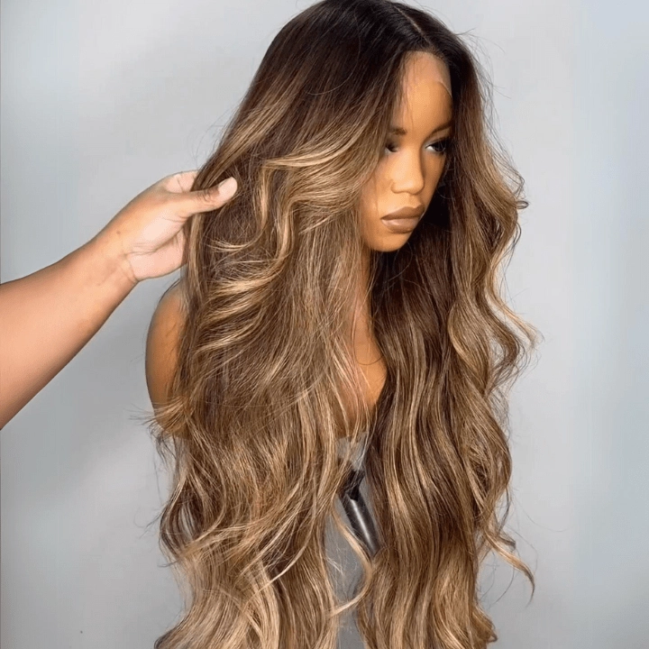 Geeta Highlight Blonde Color Long Wavy Human Hair Wigs Ombre Blonde Balayage Lace Front Wigs
