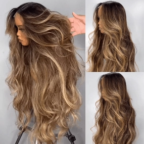 Geeta Highlight Blonde Color Long Wavy Human Hair Wigs Ombre Blonde Balayage Lace Front Wigs