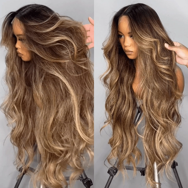 Geeta Highlight Blonde Color Long Wavy Human Hair Wigs Ombre Blonde Balayage Lace Front Wigs