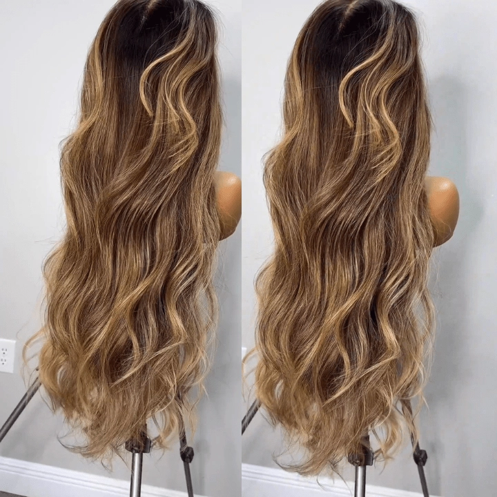 Geeta Highlight Blonde Color Long Wavy Human Hair Wigs Ombre Blonde Balayage Lace Front Wigs