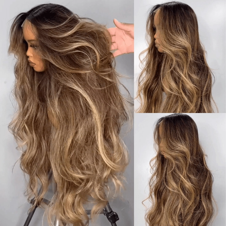 Geeta Highlight Blonde Color Long Wavy Human Hair Wigs Ombre Blonde Balayage Lace Front Wigs