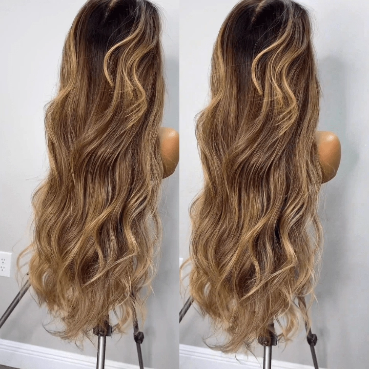 Geeta Highlight Blonde Color Long Wavy Human Hair Wigs Ombre Blonde Balayage Lace Front Wigs