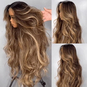 Geeta Highlight Blonde Color Long Wavy Human Hair Wigs Ombre Blonde Balayage Lace Front Wigs
