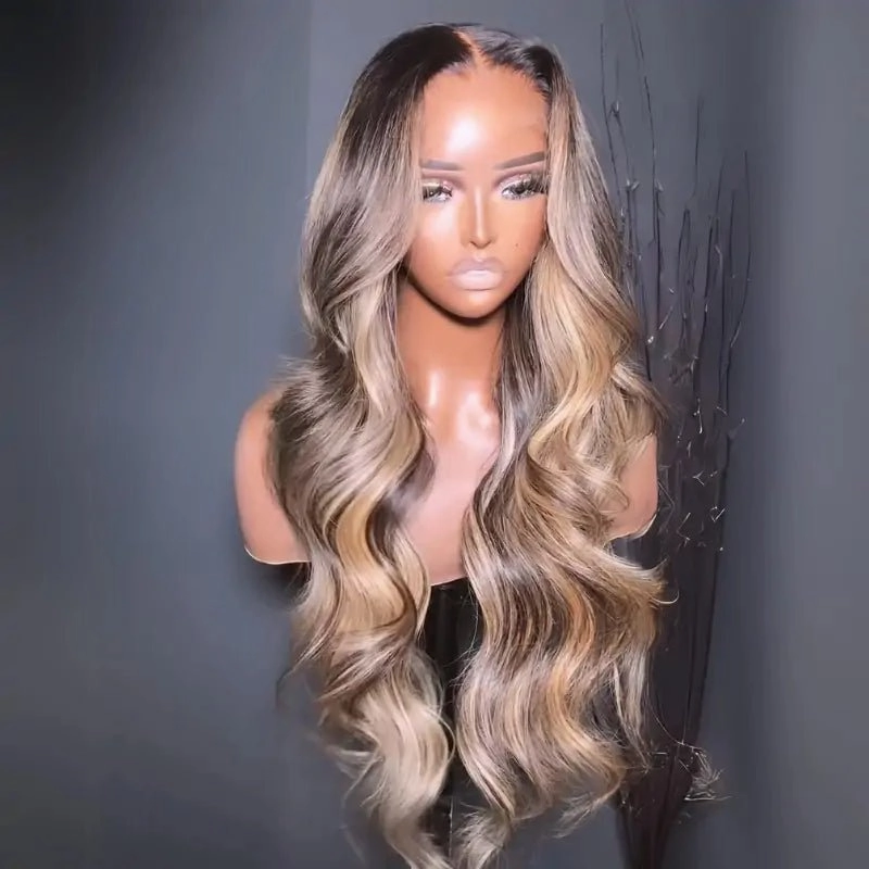 Geeta Highlight Blonde With Black Root Colored Wig 13X4 Lace Front Wig Human Hair Transparent Wig Pre Plucked