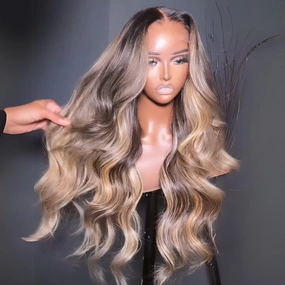Geeta Highlight Blonde With Black Root Colored Wig 13X4 Lace Front Wig Human Hair Transparent Wig Pre Plucked