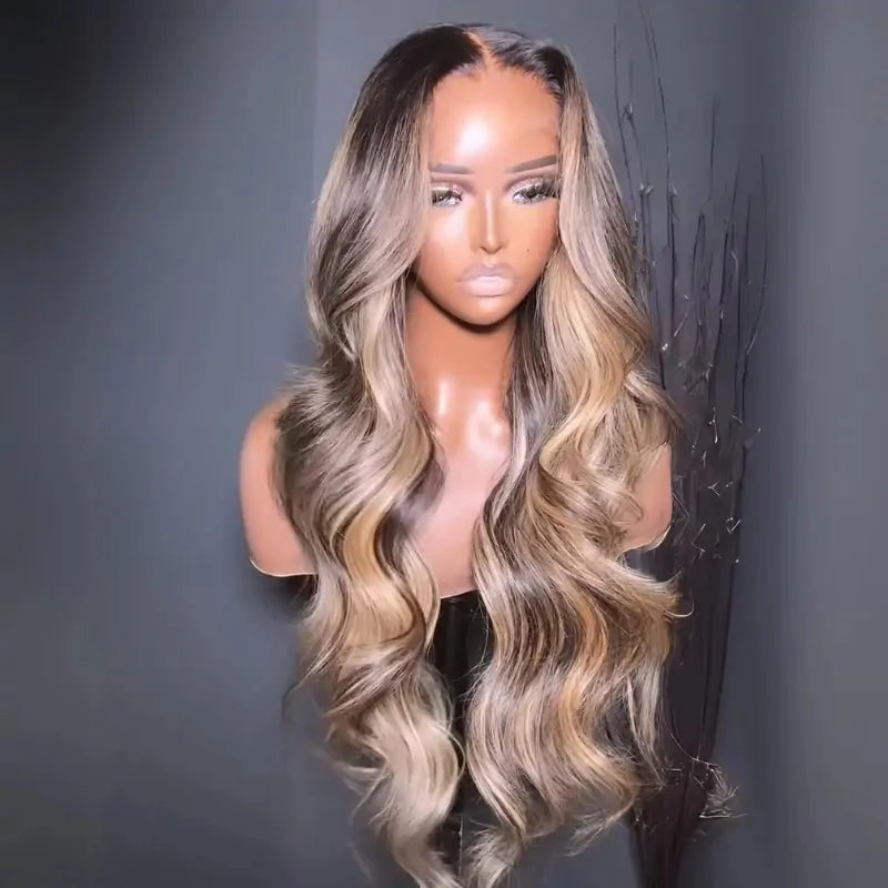 Geeta Highlight Blonde With Black Root Colored Wig 13X4 Lace Front Wig Human Hair Transparent Wig Pre Plucked
