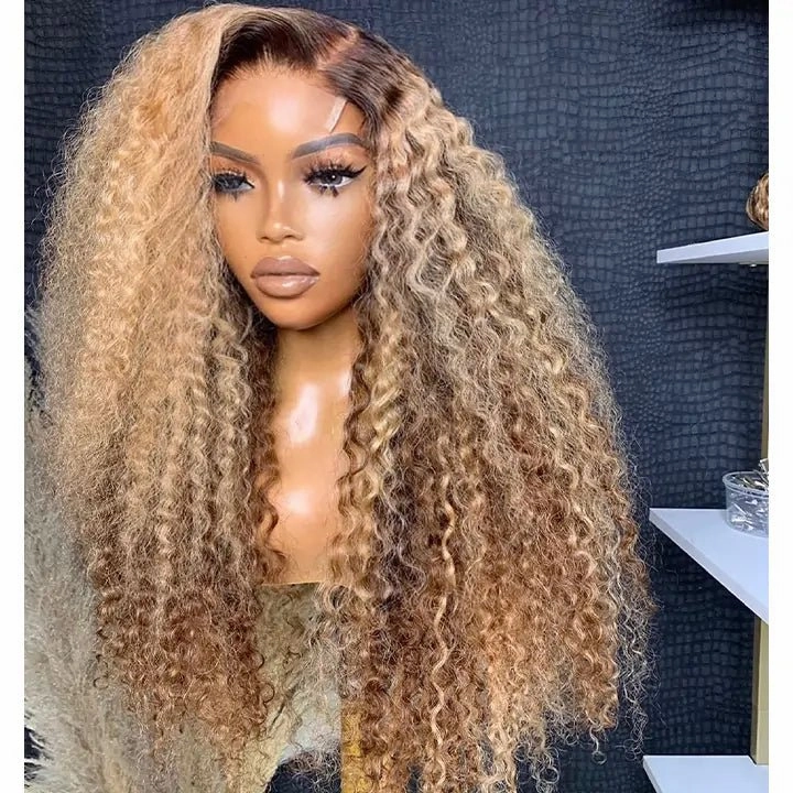 Geeta Honey Blonde Highlight Curly 13x4 Lace Front Human Hair Wigs Colored Glueless Wigs