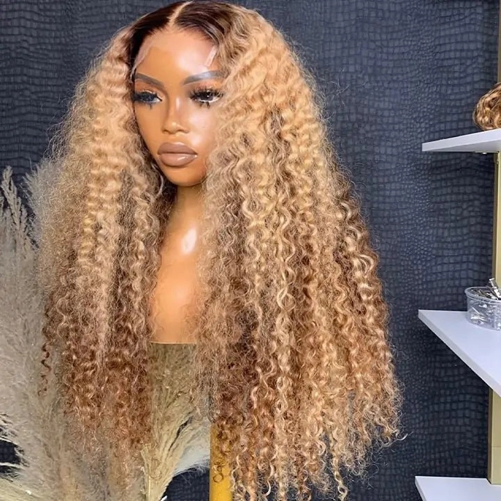Geeta Honey Blonde Highlight Curly 13x4 Lace Front Human Hair Wigs Colored Glueless Wigs