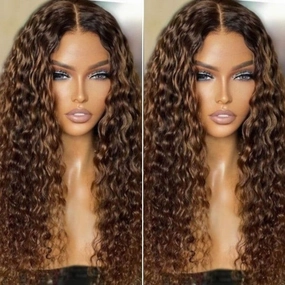 Geeta Honey Blonde Highlight Spanish Curly HD Lace Front Wig Glueless Curly Human Hair Wigs Highlights Brown Wig