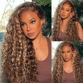 Geeta Honey Blonde Highlight Water Wave 13x4 Lace Front / 6x4 Pre Cut Lace Human Hair HD Lace Wig For Women
