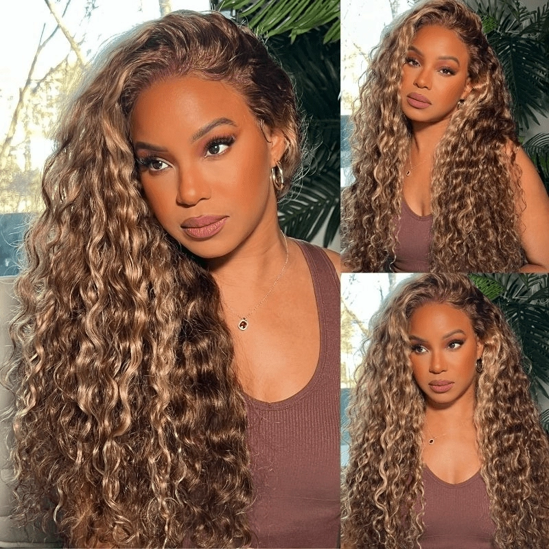 Geeta Honey Blonde Highlight Water Wave 13x4 Lace Front / 6x4 Pre Cut Lace Human Hair HD Lace Wig For Women