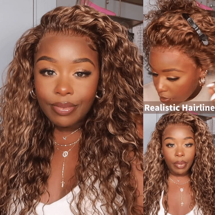 Geeta Honey Blonde Highlight Water Wave 13x4 Lace Front / 6x4 Pre Cut Lace Human Hair HD Lace Wig For Women