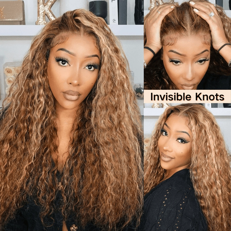 Geeta Honey Blonde Highlight Water Wave 13x4 Lace Front / 6x4 Pre Cut Lace Human Hair HD Lace Wig For Women