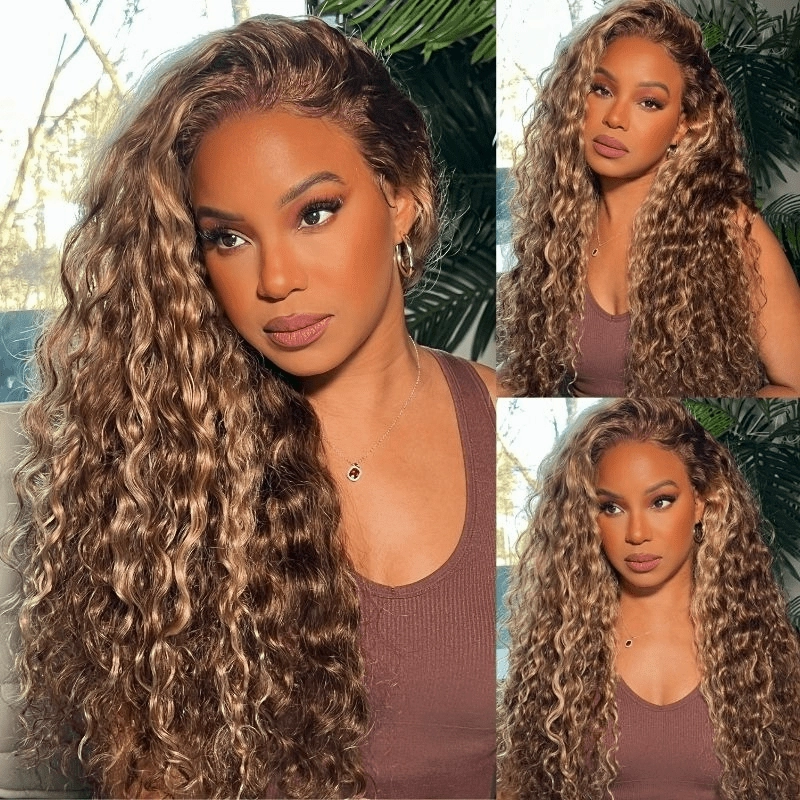 Geeta Honey Blonde Highlight Water Wave 13x4 Lace Front / 6x4 Pre Cut Lace Human Hair HD Lace Wig For Women