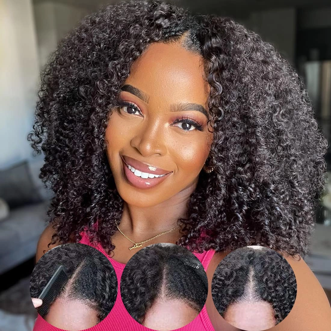 Geeta Kinky Curly V Part Wig Beginner Friendly No Glue Invisi Drawstring Human Hair Wig