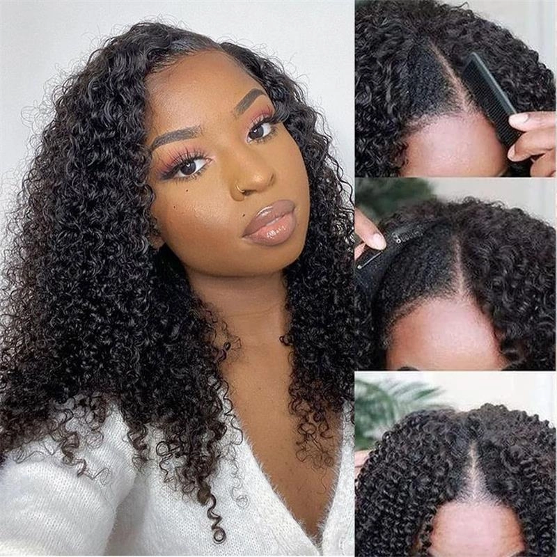 Geeta Kinky Curly V Part Wig Beginner Friendly No Glue Invisi Drawstring Human Hair Wig