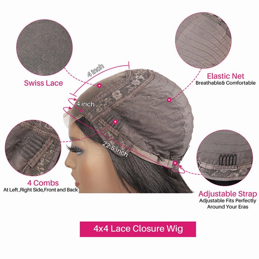 Geeta Kinky Straight Hair 4x4 Lace Closure Wig 100% Virgin Human Hair Wig